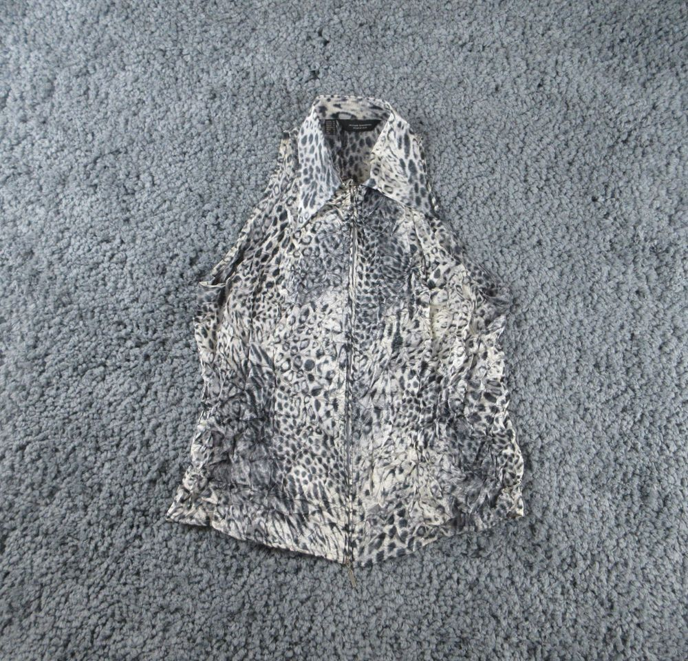 Javier Simorra Shirt Womens 12 Gray Animal Print Sleeveless Collared Full Zip